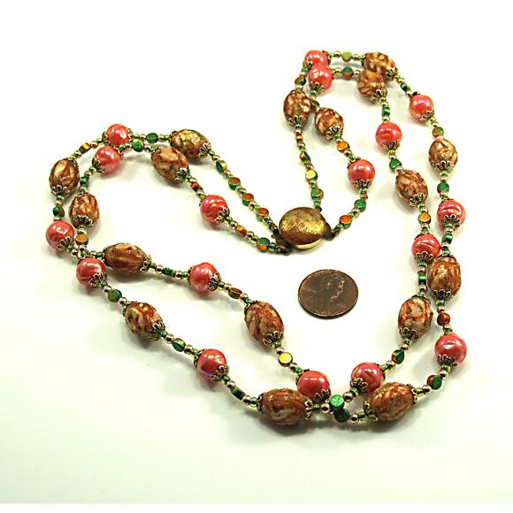 Vintage Japan Orange Gold Art Bead Necklace, Two Strands, 1950s - Picture 9 of 10
